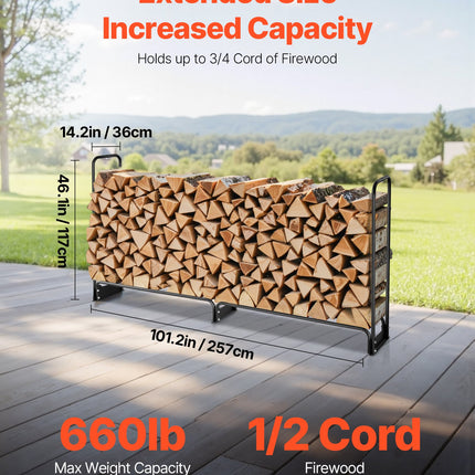Firewood Rack with Waterproof Cover, 2.57m Outdoor Firewood Holder, 1/2 Cord Storage Metal Log Holder, 299kg Max Weight Capacity, Top Covered, Powder-Coated Wood Storage Rack for Fireplace Deck.