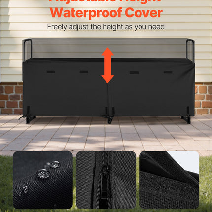 Firewood Rack with Waterproof Cover, 2.57m Outdoor Firewood Holder, 1/2 Cord Storage Metal Log Holder, 299kg Max Weight Capacity, Top Covered, Powder-Coated Wood Storage Rack for Fireplace Deck.