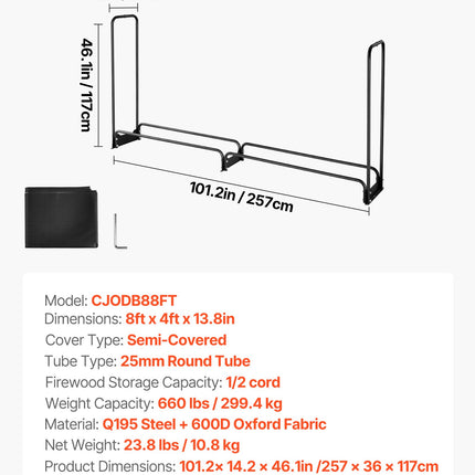Firewood Rack with Waterproof Cover, 2.57m Outdoor Firewood Holder, 1/2 Cord Storage Metal Log Holder, 299kg Max Weight Capacity, Top Covered, Powder-Coated Wood Storage Rack for Fireplace Deck.