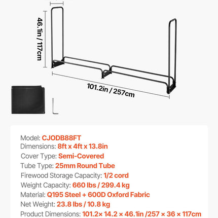 Firewood Rack with Waterproof Cover, 2.57m Outdoor Firewood Holder, 1/2 Cord Storage Metal Log Holder, 299kg Max Weight Capacity, Top Covered, Powder-Coated Wood Storage Rack for Fireplace Deck.
