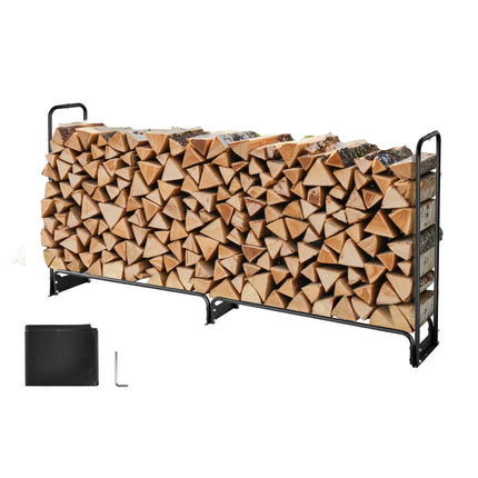 Firewood Rack with Waterproof Cover, 2.57m Outdoor Firewood Holder, 1/2 Cord Storage Metal Log Holder, 299kg Max Weight Capacity, Top Covered, Powder-Coated Wood Storage Rack for Fireplace Deck.