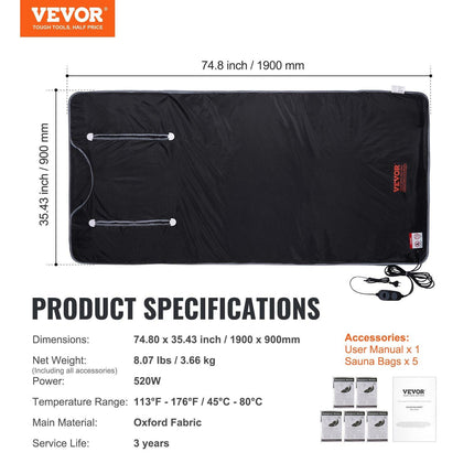 Sauna Blanket for Detoxification, Portable Far Infrared Sauna for Home, Oxford Sauna Bag w/ Arm Holes & Carbon Fiber Heating, 1-6 Level Adjustable Temp35-80°C, 5-60 Minutes Timer, 1900x900mm.