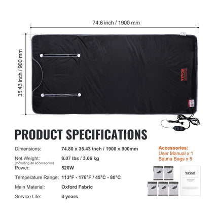 Sauna Blanket for Detoxification, Portable Far Infrared Sauna for Home, Oxford Sauna Bag w/ Arm Holes & Carbon Fiber Heating, 1-6 Level Adjustable Temp35-80°C, 5-60 Minutes Timer, 1900x900mm.