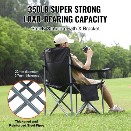 Camping Folding Chair for Adults, Portable Heavy Duty Outdoor Quad Lumbar Back Padded Arm Chairs with Side Pockets, Cup Holder and Cooler Bag for Beach, Lawn, Picnic, Fishing, Backpacking, Black.