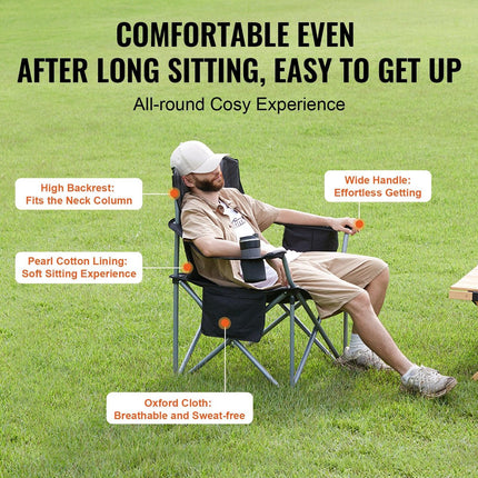 Camping Folding Chair for Adults, Portable Heavy Duty Outdoor Quad Lumbar Back Padded Arm Chairs with Side Pockets, Cup Holder and Cooler Bag for Beach, Lawn, Picnic, Fishing, Backpacking, Black.
