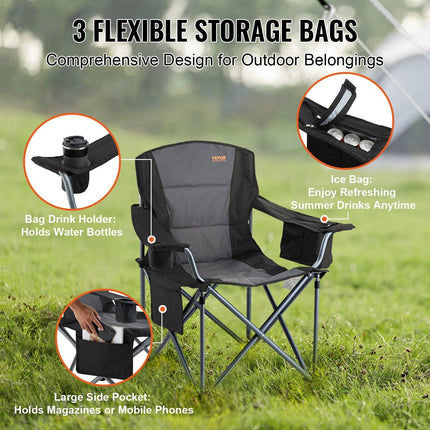 Camping Folding Chair for Adults, Portable Heavy Duty Outdoor Quad Lumbar Back Padded Arm Chairs with Side Pockets, Cup Holder and Cooler Bag for Beach, Lawn, Picnic, Fishing, Backpacking, Black.