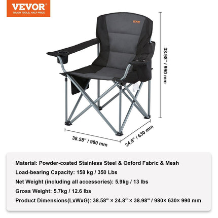 Camping Folding Chair for Adults, Portable Heavy Duty Outdoor Quad Lumbar Back Padded Arm Chairs with Side Pockets, Cup Holder and Cooler Bag for Beach, Lawn, Picnic, Fishing, Backpacking, Black.