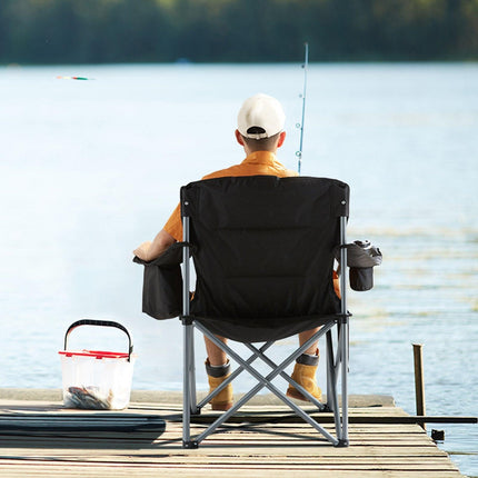 Camping Folding Chair for Adults, Portable Heavy Duty Outdoor Quad Lumbar Back Padded Arm Chairs with Side Pockets, Cup Holder and Cooler Bag for Beach, Lawn, Picnic, Fishing, Backpacking, Black.