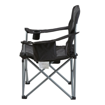 Camping Folding Chair for Adults, Portable Heavy Duty Outdoor Quad Lumbar Back Padded Arm Chairs with Side Pockets, Cup Holder and Cooler Bag for Beach, Lawn, Picnic, Fishing, Backpacking, Black.