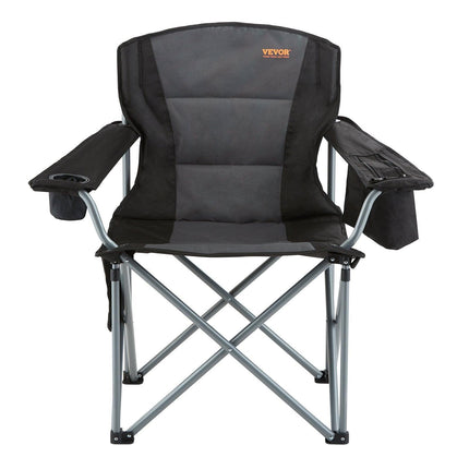 Camping Folding Chair for Adults, Portable Heavy Duty Outdoor Quad Lumbar Back Padded Arm Chairs with Side Pockets, Cup Holder and Cooler Bag for Beach, Lawn, Picnic, Fishing, Backpacking, Black.