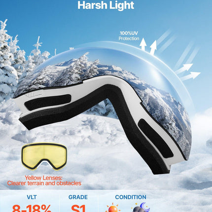 Frameless Ski Goggles, Magnet Cylindrical Lens with Pink Revo Coating, OTG Anti fog Snow Goggles for Men Women Youth, TPU Frame & Ventilation Structure, Fit for Skiing, Skating, Snowboarding.