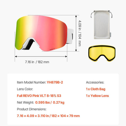 Frameless Ski Goggles, Magnet Cylindrical Lens with Pink Revo Coating, OTG Anti fog Snow Goggles for Men Women Youth, TPU Frame & Ventilation Structure, Fit for Skiing, Skating, Snowboarding.