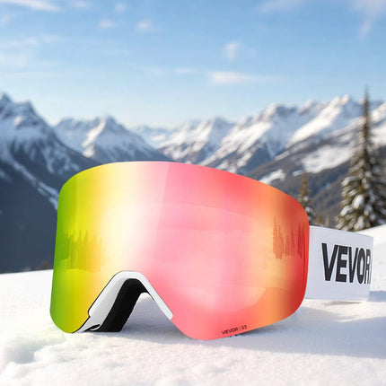 Frameless Ski Goggles, Magnet Cylindrical Lens with Pink Revo Coating, OTG Anti fog Snow Goggles for Men Women Youth, TPU Frame & Ventilation Structure, Fit for Skiing, Skating, Snowboarding.