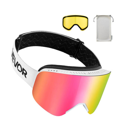Frameless Ski Goggles, Magnet Cylindrical Lens with Pink Revo Coating, OTG Anti fog Snow Goggles for Men Women Youth, TPU Frame & Ventilation Structure, Fit for Skiing, Skating, Snowboarding.