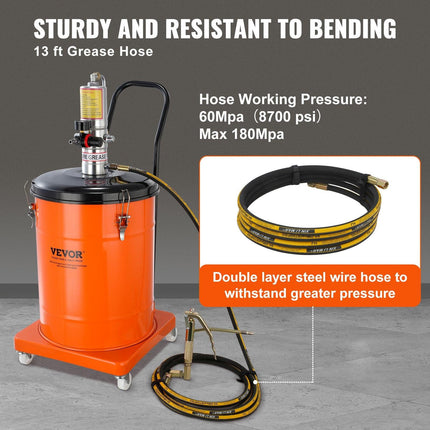 Grease Pump, 40L Capacity, Air Operated Grease Pump with 3.88 m High Pressure Hose and Grease Gun, Pneumatic Grease Bucket Pump with Wheels, Portable Lubrication Grease Pump 50:1 Pressure Ratio.