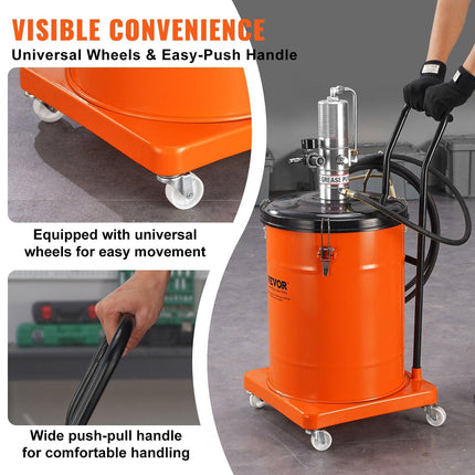 Grease Pump, 40L Capacity, Air Operated Grease Pump with 3.88 m High Pressure Hose and Grease Gun, Pneumatic Grease Bucket Pump with Wheels, Portable Lubrication Grease Pump 50:1 Pressure Ratio.