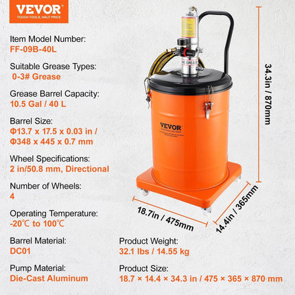 Grease Pump, 40L Capacity, Air Operated Grease Pump with 3.88 m High Pressure Hose and Grease Gun, Pneumatic Grease Bucket Pump with Wheels, Portable Lubrication Grease Pump 50:1 Pressure Ratio.