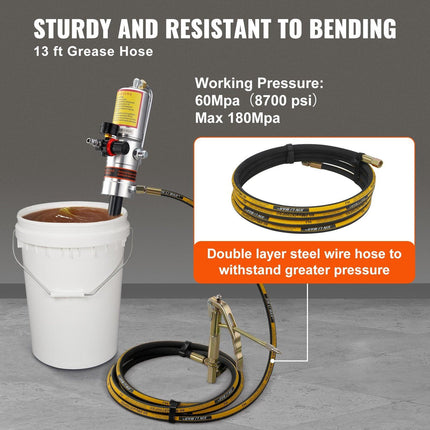 Grease Pump, 50:1 Pressure Ratio Air Operated Grease Pump with 3.88 m High Pressure Hose and Grease Gun, Pneumatic Grease Pump, Portable Lubrication Grease Pump with 360° Swivel Grease Gun Head.