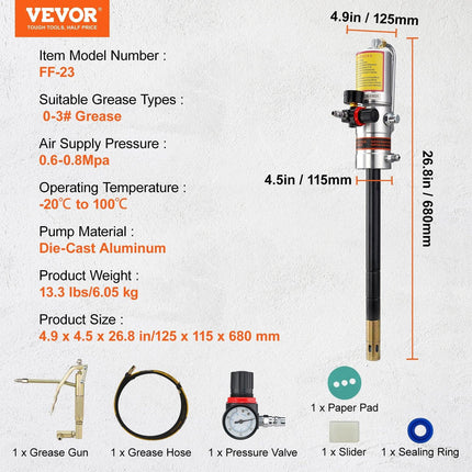 Grease Pump, 50:1 Pressure Ratio Air Operated Grease Pump with 3.88 m High Pressure Hose and Grease Gun, Pneumatic Grease Pump, Portable Lubrication Grease Pump with 360° Swivel Grease Gun Head.