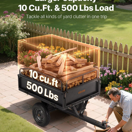 Garden Utility Trailer, 10 Cu. Ft & 227 kg Capacity, ATV UTV Hauling Trailer, Tow Behind Steel Dump Cart with 14" Tires, Hand Pull or Foot Pedal, Heavy Duty Yard Trailers for Lawn Mower Tractor.