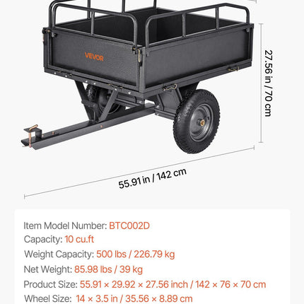 Garden Utility Trailer, 10 Cu. Ft & 227 kg Capacity, ATV UTV Hauling Trailer, Tow Behind Steel Dump Cart with 14" Tires, Hand Pull or Foot Pedal, Heavy Duty Yard Trailers for Lawn Mower Tractor.