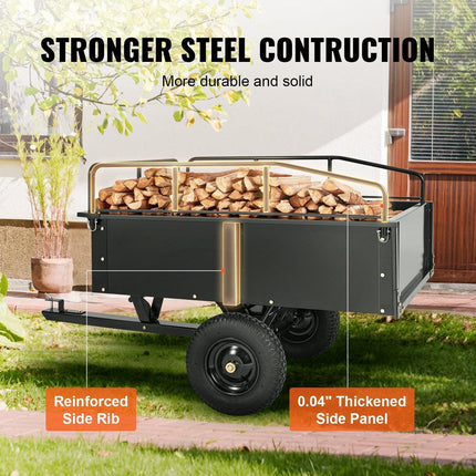 Heavy Duty ATV Trailer Steel Dump Cart, 750-Pound 15 Cubic Feet, Garden Utility Trailer with Removable Sides for Riding Lawn Mower Tractor.