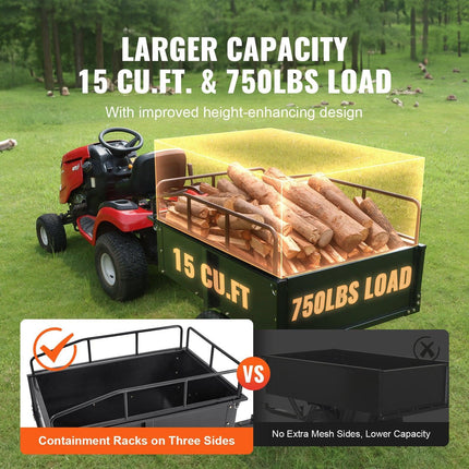 Heavy Duty ATV Trailer Steel Dump Cart, 750-Pound 15 Cubic Feet, Garden Utility Trailer with Removable Sides for Riding Lawn Mower Tractor.