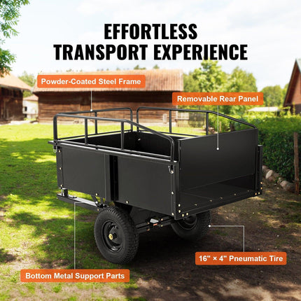 Heavy Duty ATV Trailer Steel Dump Cart, 750-Pound 15 Cubic Feet, Garden Utility Trailer with Removable Sides for Riding Lawn Mower Tractor.