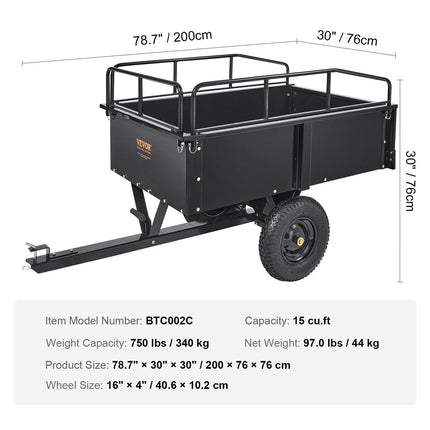 Heavy Duty ATV Trailer Steel Dump Cart, 750-Pound 15 Cubic Feet, Garden Utility Trailer with Removable Sides for Riding Lawn Mower Tractor.