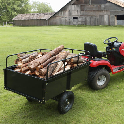 Heavy Duty ATV Trailer Steel Dump Cart, 750-Pound 15 Cubic Feet, Garden Utility Trailer with Removable Sides for Riding Lawn Mower Tractor.