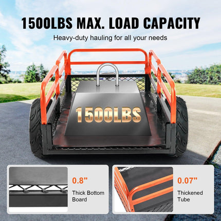 Heavy Duty Steel ATV Dump Trailer, 1500-Pound Load Capacity 15 Cubic Feet, Tow Behind Dump Cart Garden Trailer, with Removable Sides and 2 Tires, for Mowers, Tractors, ATV, UTV.