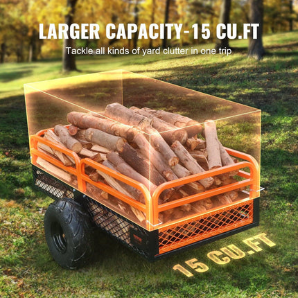 Heavy Duty Steel ATV Dump Trailer, 1500-Pound Load Capacity 15 Cubic Feet, Tow Behind Dump Cart Garden Trailer, with Removable Sides and 2 Tires, for Mowers, Tractors, ATV, UTV.