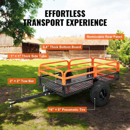 Heavy Duty Steel ATV Dump Trailer, 1500-Pound Load Capacity 15 Cubic Feet, Tow Behind Dump Cart Garden Trailer, with Removable Sides and 2 Tires, for Mowers, Tractors, ATV, UTV.