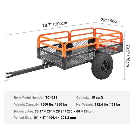 Heavy Duty Steel ATV Dump Trailer, 1500-Pound Load Capacity 15 Cubic Feet, Tow Behind Dump Cart Garden Trailer, with Removable Sides and 2 Tires, for Mowers, Tractors, ATV, UTV.