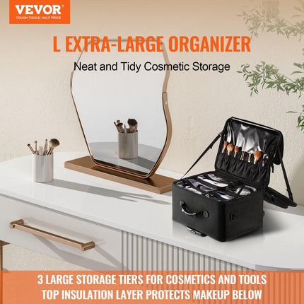 Rolling Makeup Train Case Large Storage 3 Tiers, Convenient Carry With Handle, Wheels, Strap, Professional Makeup Storage Organizer Box Make Up Carrier Waterproof Oxford, Black.