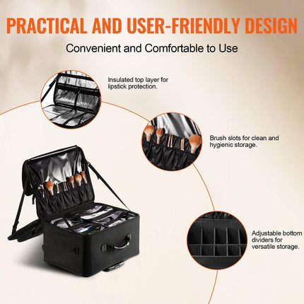 Rolling Makeup Train Case Large Storage 3 Tiers, Convenient Carry With Handle, Wheels, Strap, Professional Makeup Storage Organizer Box Make Up Carrier Waterproof Oxford, Black.