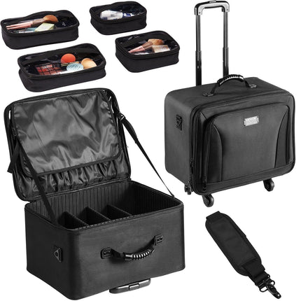 Rolling Makeup Train Case Large Storage 3 Tiers, Convenient Carry With Handle, Wheels, Strap, Professional Makeup Storage Organizer Box Make Up Carrier Waterproof Oxford, Black.
