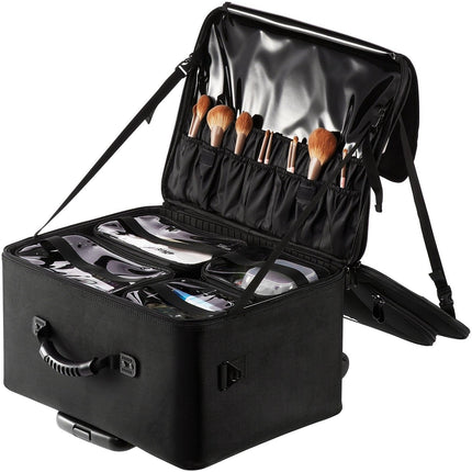 Rolling Makeup Train Case Large Storage 3 Tiers, Convenient Carry With Handle, Wheels, Strap, Professional Makeup Storage Organizer Box Make Up Carrier Waterproof Oxford, Black.