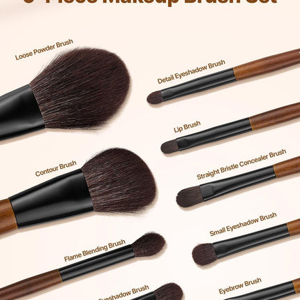 9-Piece Makeup Brush Set for Foundation Blending Eyeshadow, Professional Makeup Brush Kit with Soft Natural Wool & Vegan Synthetic Bristles, Ergonomic Wood Handle, Travel-Friendly Storage Bag.