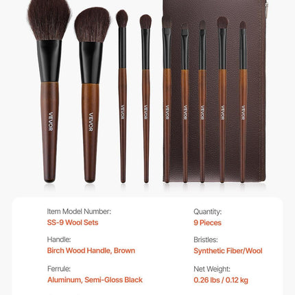 9-Piece Makeup Brush Set for Foundation Blending Eyeshadow, Professional Makeup Brush Kit with Soft Natural Wool & Vegan Synthetic Bristles, Ergonomic Wood Handle, Travel-Friendly Storage Bag.