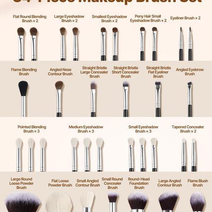 34-Piece Makeup Brush Set, Professional Brushes Kit for Foundation Blending Eyeshadow Concealer Blush - with Soft Bristles, Ergonomic Wood Handle, Travel-Friendly Case Included.