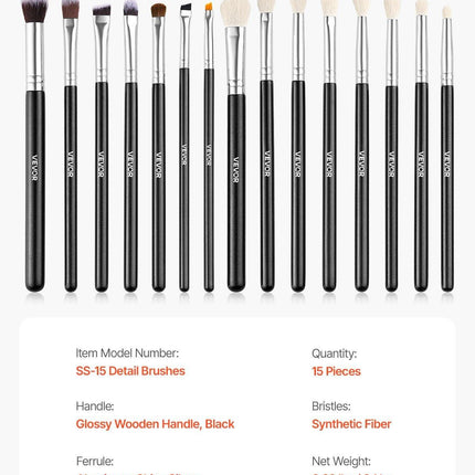 15-Piece Makeup Brush Set for Foundation Blending Eyeshadow, Professional Vegan Brushes with Soft Synthetic Bristles, Ergonomic Wood Handle & Aluminum Ferrule, Portable and Travel-Friendly.