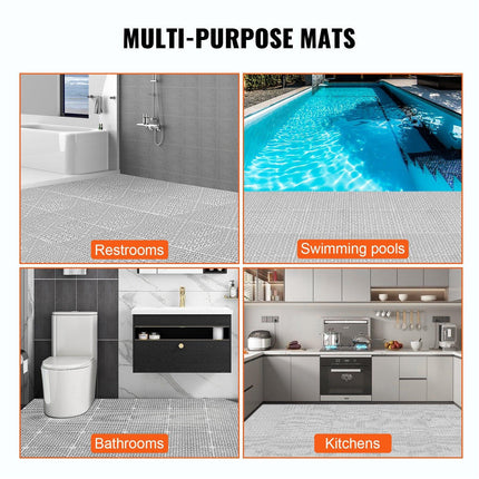Modular Interlocking Cushion, 12 Pack 30 x 30 cm Splicing Drainage Mats, Soft PVC Interlocking Drainage Floor Tiles, Non-Slip Drainage Holes for Restroom, Bathroom, Kitchen, Pool, Wet Area, Gray.
