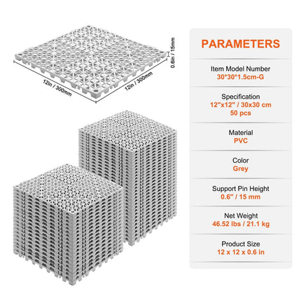 Modular Interlocking Cushion, 50 Pack 30 x 30 cm Splicing Drainage Mats, Soft PVC Interlocking Drainage Floor Tiles, Non-Slip Drainage Holes for Restroom, Bathroom, Kitchen, Pool, Wet Area, Gray.