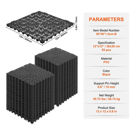 Modular Interlocking Cushion, 55 Pack 30 x 30 cm Splicing Drainage Mats, PVC Interlocking Drainage Floor Tiles, Non-Slip Drainage Holes for Restroom, Bathroom, Kitchen, Pool, Wet Area, Black.