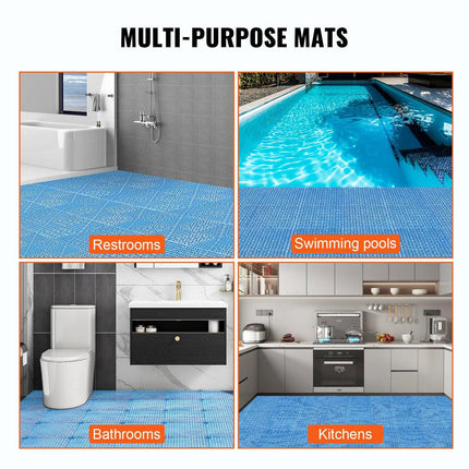 Modular Interlocking Cushion, 55 Pack 30 x 30 cm Splicing Drainage Mats, Soft PVC Interlocking Drainage Floor Tiles, Non-Slip Drainage Holes for Restroom, Bathroom, Kitchen, Pool, Wet Area, Blue.
