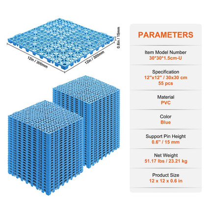 Modular Interlocking Cushion, 55 Pack 30 x 30 cm Splicing Drainage Mats, Soft PVC Interlocking Drainage Floor Tiles, Non-Slip Drainage Holes for Restroom, Bathroom, Kitchen, Pool, Wet Area, Blue.