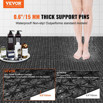 Modular Interlocking Cushion, 12 Pack 30 x 30 cm Splicing Drainage Mats, PVC Interlocking Drainage Floor Tiles, Non-Slip Drainage Holes for Restroom, Bathroom, Kitchen, Pool, Wet Area, Black.