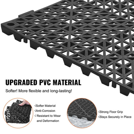 Modular Interlocking Cushion, 12 Pack 30 x 30 cm Splicing Drainage Mats, PVC Interlocking Drainage Floor Tiles, Non-Slip Drainage Holes for Restroom, Bathroom, Kitchen, Pool, Wet Area, Black.