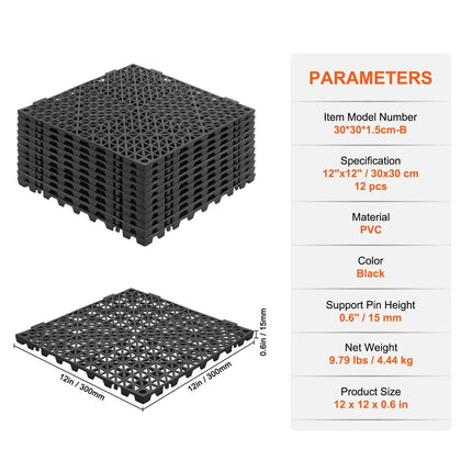 Modular Interlocking Cushion, 12 Pack 30 x 30 cm Splicing Drainage Mats, PVC Interlocking Drainage Floor Tiles, Non-Slip Drainage Holes for Restroom, Bathroom, Kitchen, Pool, Wet Area, Black.
